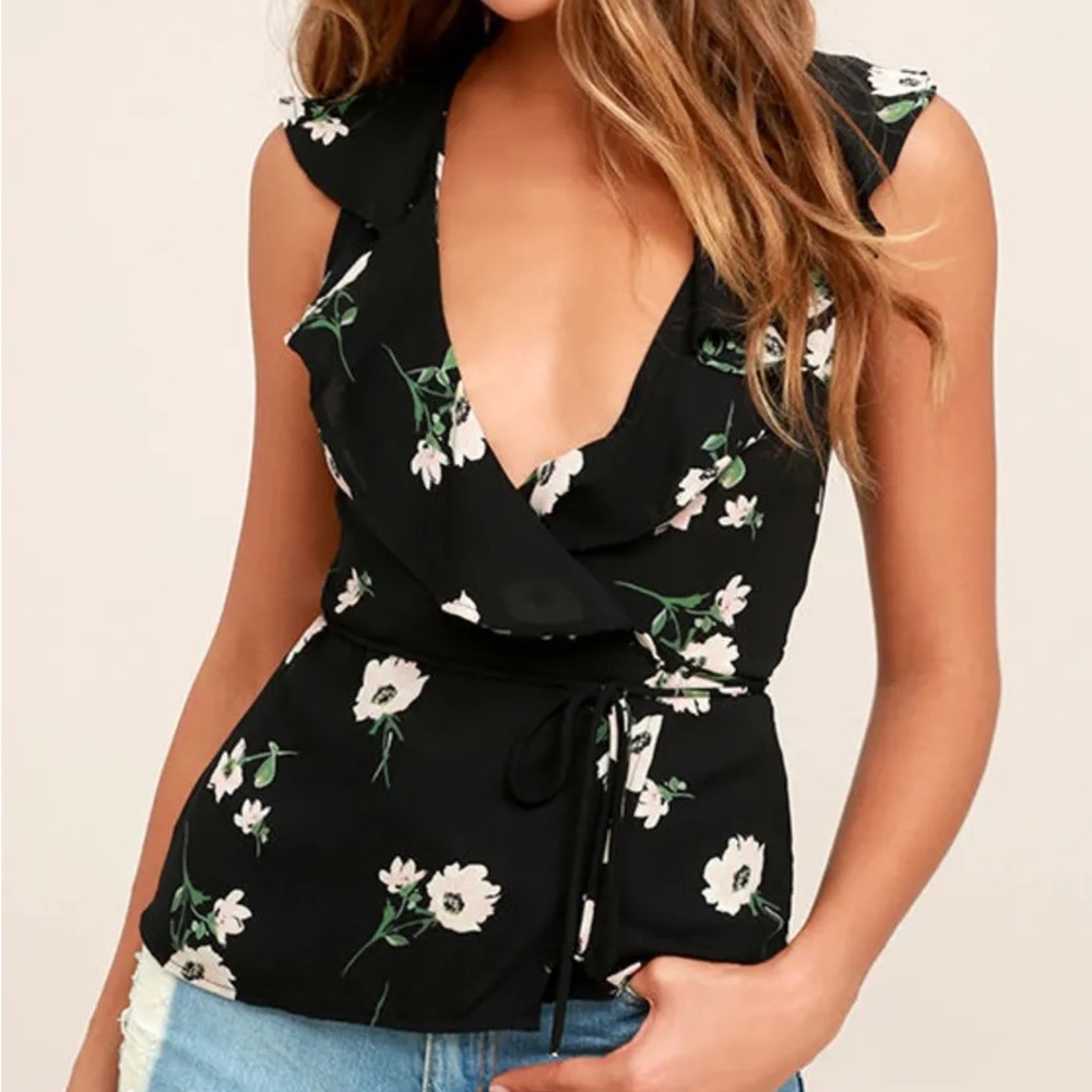 Lulus Build Me Up Buttercup Black Floral Print Wrap Top